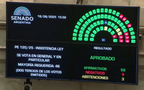 Contundente rechazo del Senado al veto del Presidente Javier Milei al reparto de ATN para las provincias, 59 a favor, nueve en contra y tres abstenciones