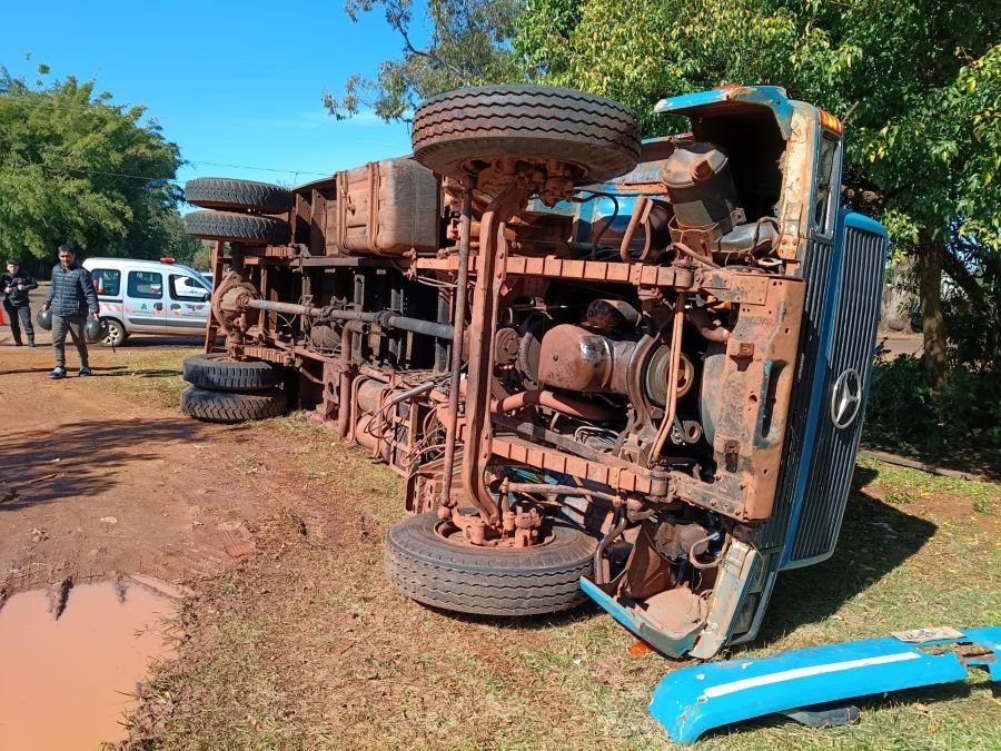 Apóstoles: Un camión que transportaba doce animales vacunos se habría quedado sin frenos, despistó y terminó volcando, el conductor resultó ileso